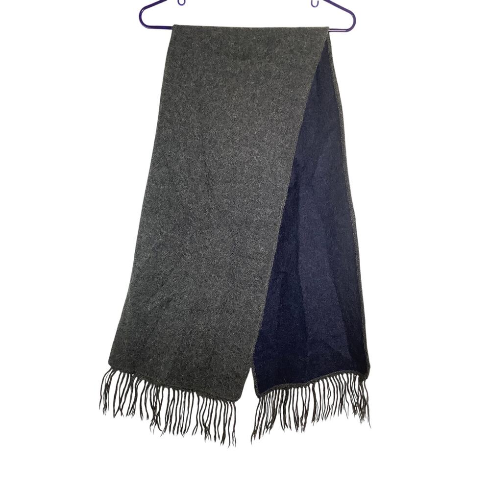 Amaru Gray Navy Blue Two Tone Fringe Alpaca Wool Reversible Scarf Winter D27-4